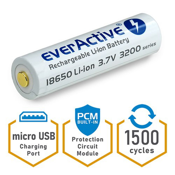 Poza cu Rechargeable batteries everActive 18650 3,7V Li-ion 3200mAh micro USB (FWEV1865032MBOX)