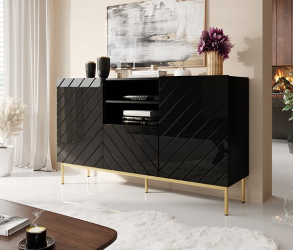 Poza cu ABETO chest of drawers on golden steel frame 150x42x90 black/black gloss (ABETO KOM+ST CZ)