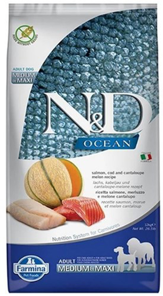 Poza cu FARMINA N&D Ocean Dog Salmon, Cod, Cantaloupe, Melon Adult Medium&Maxi - dry dog food - 12 kg (PND1200062)