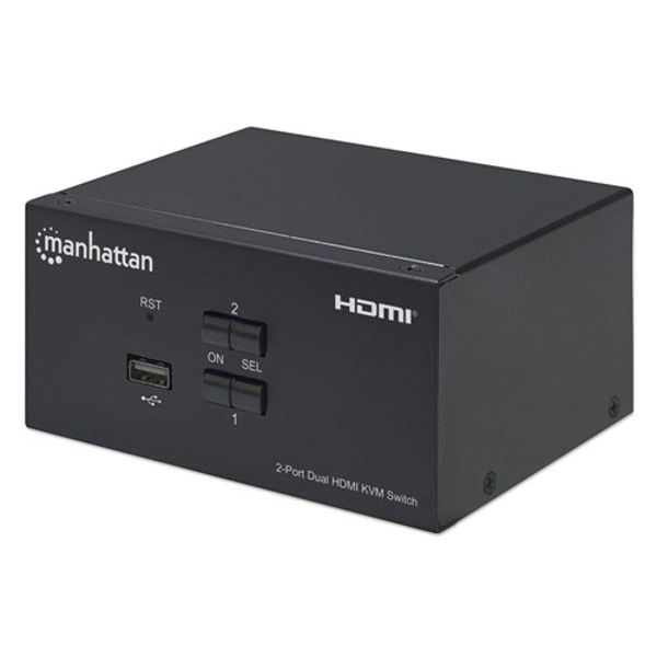 Poza cu Manhattan HDMI KVM Switch 2-Port, 4K@30Hz, USB-A 3.5mm Audio Mic Connections, Cables included, Audio Support, Control 2x computers from one pc mouse screen, USB Powered, Black, Three Year Warranty, Boxed (153522)