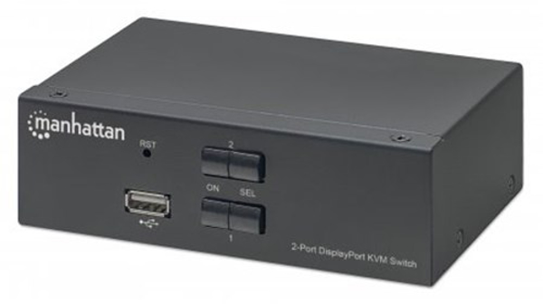 Poza cu Manhattan DisplayPort 1.2 KVM Switch 2-Port, 4K@60Hz, USB-A 3.5mm Audio Mic Connections, Cables included, Audio Support, Control 2x computers from one pc mouse screen, USB Powered, Black, Three Year Warranty, Boxed (153546)